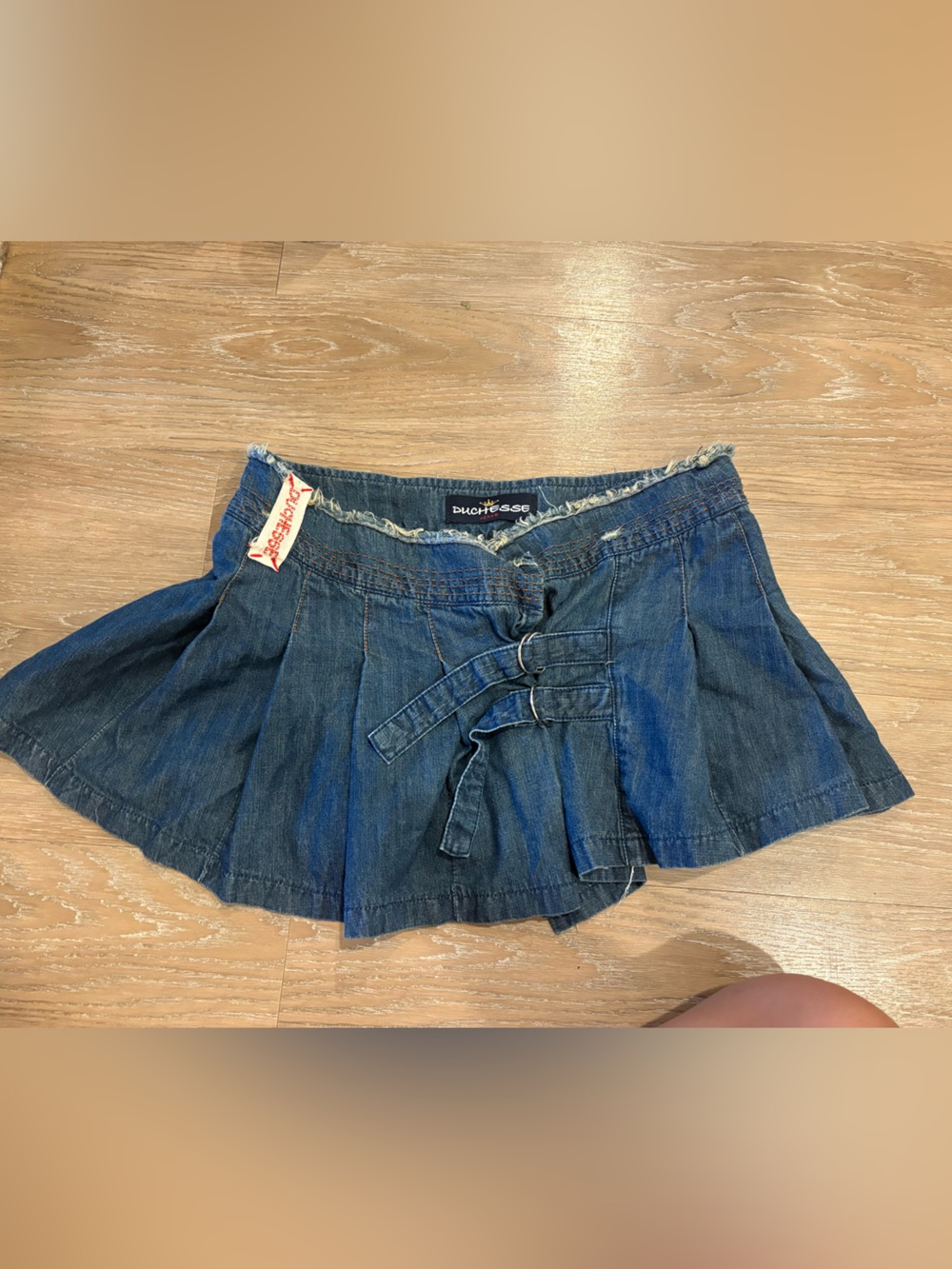 Y2K Duchesse Denim Pleated Mini Skirt with Front Tie - Blue